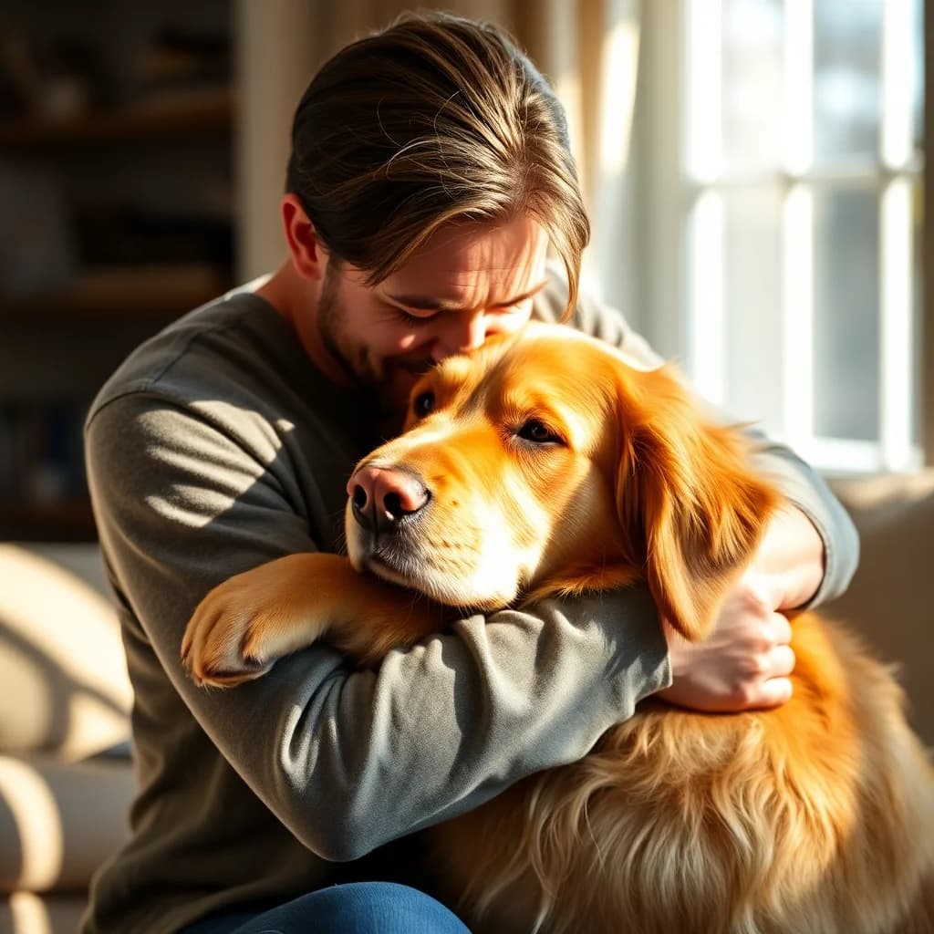 liebevoller Tierhalter umarmt einen Golden Retriever zu Hause, warmes natürliches Licht, emotionaler Abschied, echter Moment